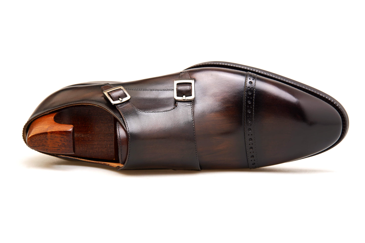 Hand-Polished Smoked Chocolate Double Monk Strap Shoes – pair with shoe trees, top-down view, emphasizing sophisticated "Smoked Chocolate" finish and double buckles.