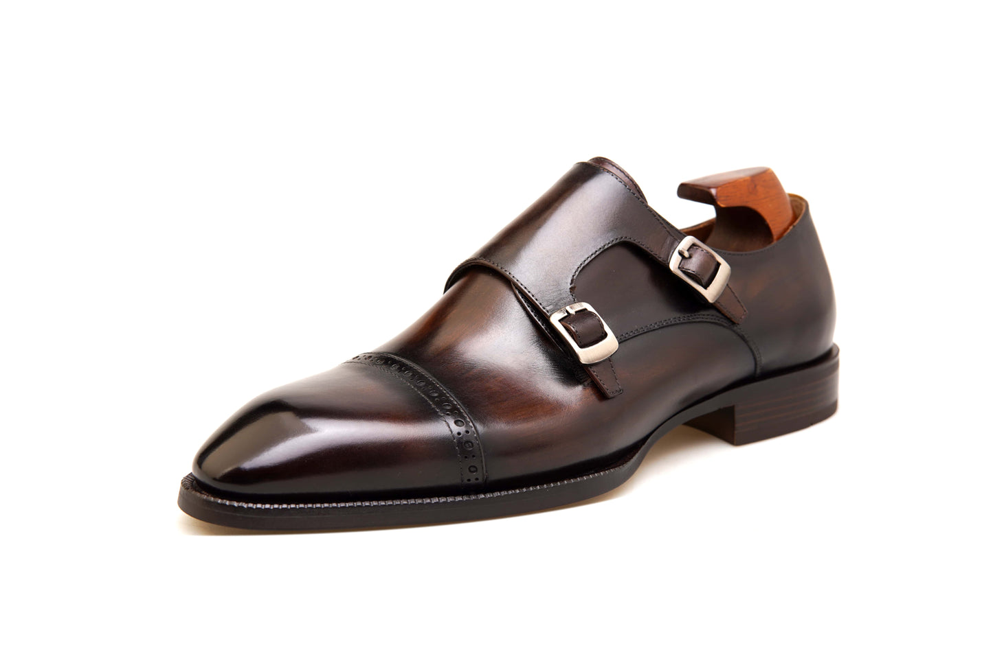 Hand-Polished Smoked Chocolate Double Monk Strap Shoe – side view with shoe tree, highlighting hand-polished "Smoked Chocolate" leather and bold double monk strap closure.