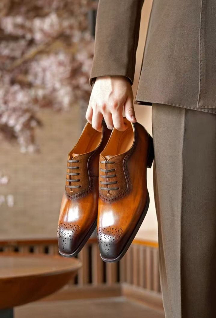 HolloShoe Siena Brogue Oxford brown dress shoe showing patina finish, top view