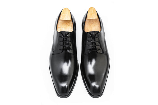 Refined Black Derby Shoes – pair with shoe trees, polished leather, top-down view for work and leisure.
