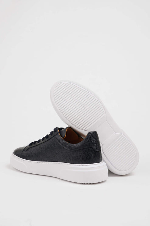Handcrafted Black Grained Leather Sneakers with Pool Sole