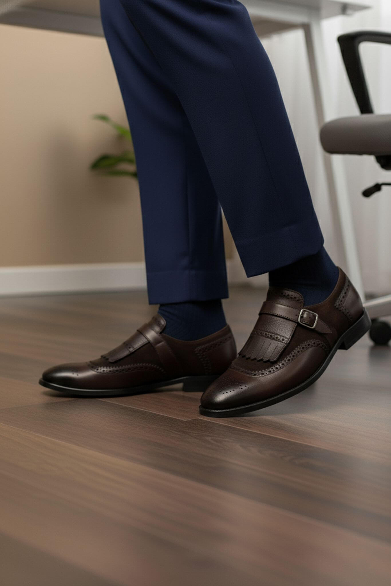 Brown dress shoes and navy pants on a wooden floor with a blurred office chair in the background.