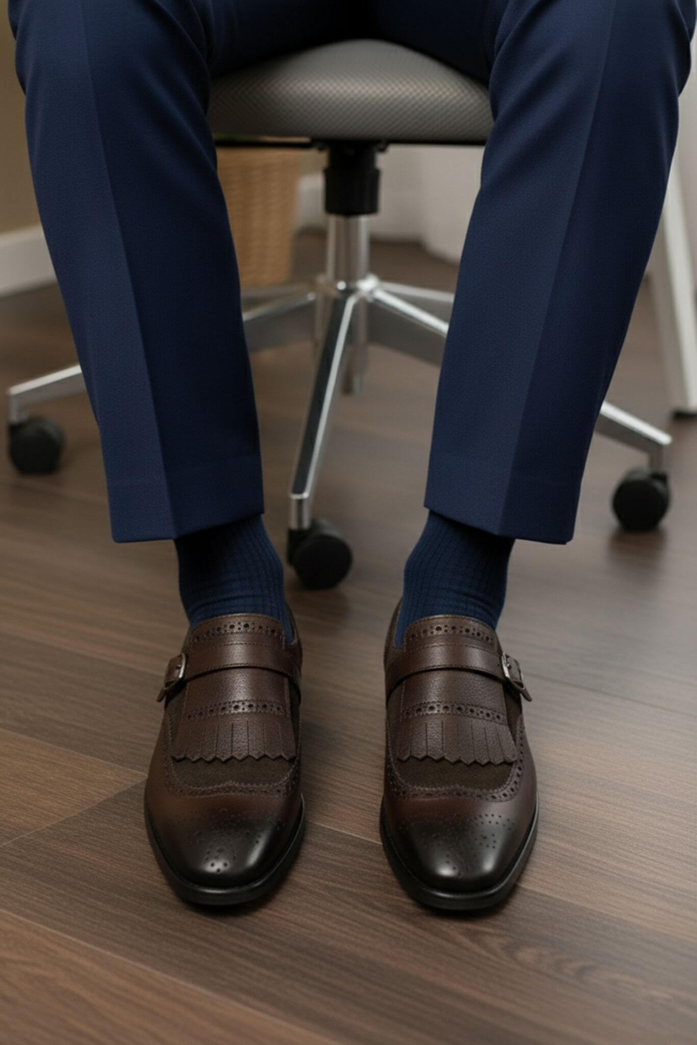 Person wearing brown dress shoes and blue pants sitting on a chair.
