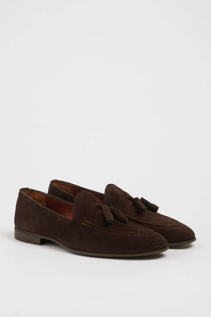 Handcrafted Brown Suede Tassel Loafers for Men – pair on white background, showcasing high-quality brown suede and classic tassel accents for a refined look.