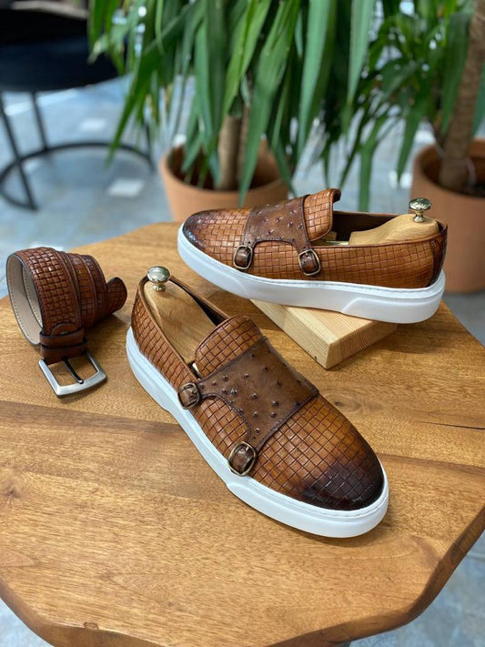 Handcrafted Camel Double Buckle Leather Sneakers – pair with shoe trees and a matching belt, showcasing a woven-like design and a modern double buckle closure.