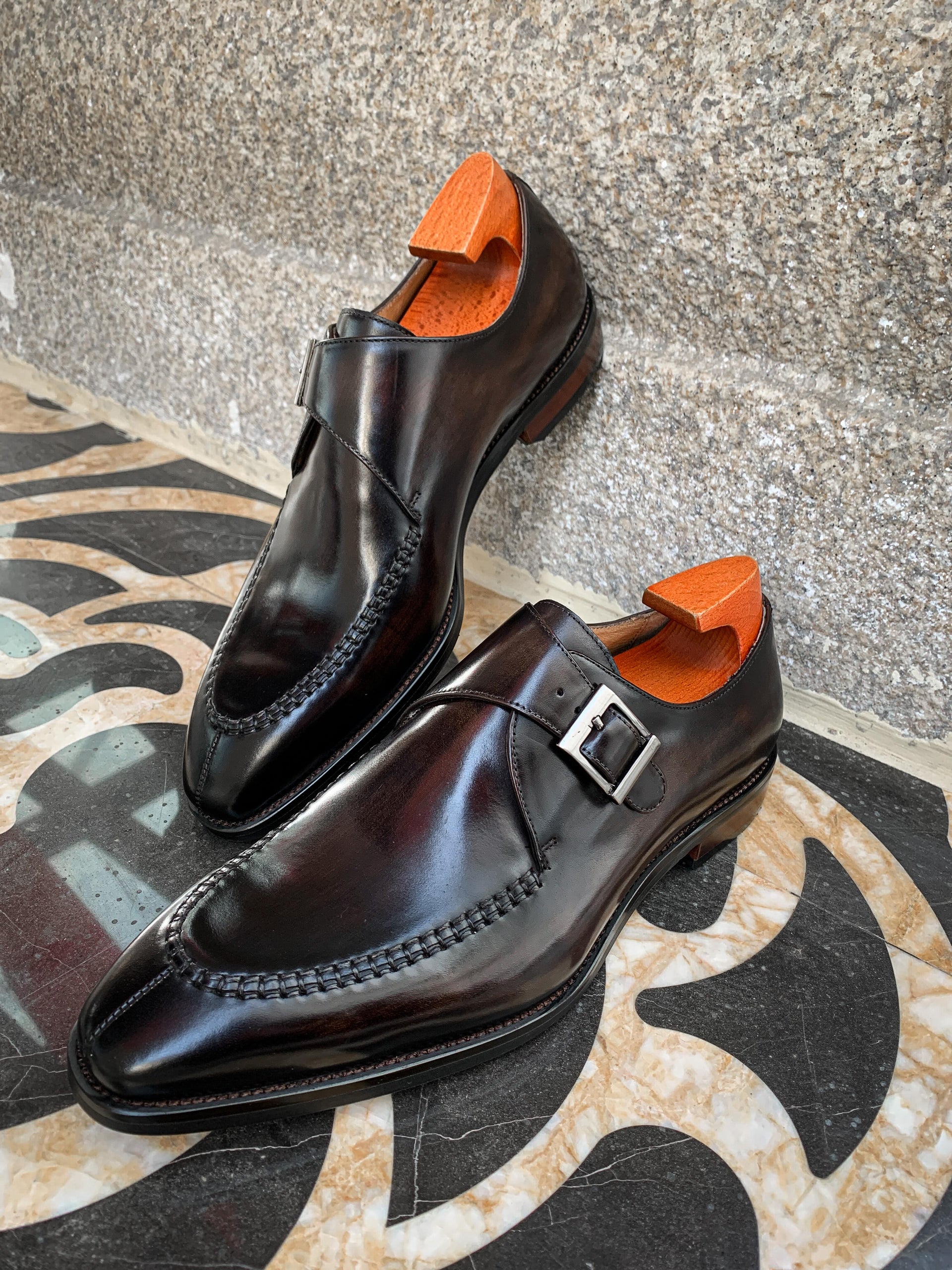Handcrafted Dark Brown Single Monk Strap Dress Shoes Hollo Shoe Handcrafted Dark Brown Single Monk Strap Dress Shoes Hollo Shoe