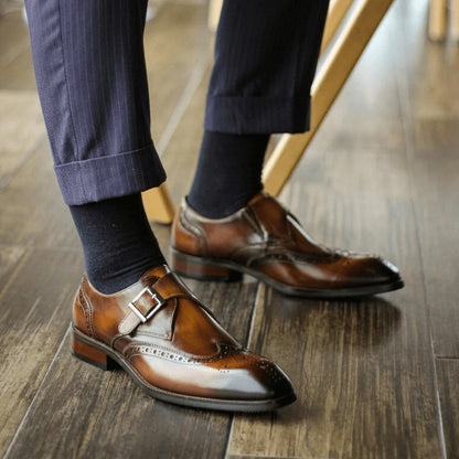 Handcrafted Italian Marble Patina Brown Monk Strap – side view, showcasing mesmerising patina leather and integrated anti-skid sole.