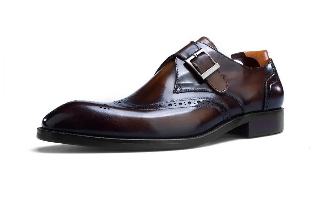 Handcrafted Italian Marble Patina Brown Monk Strap – side view, showcasing mesmerising patina leather and integrated anti-skid sole.