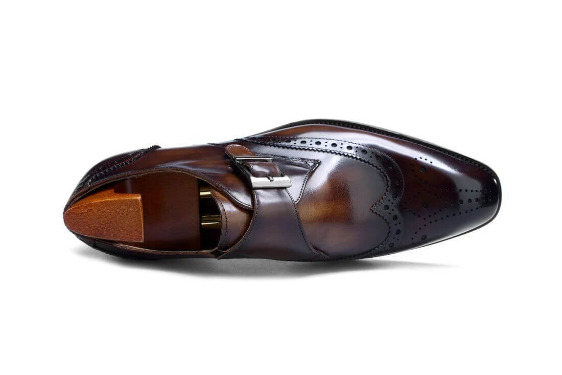 Handcrafted Italian Marble Patina Brown Monk Strap – top-down view with shoe tree, highlighting the unique depth and character of the marble patina leather.