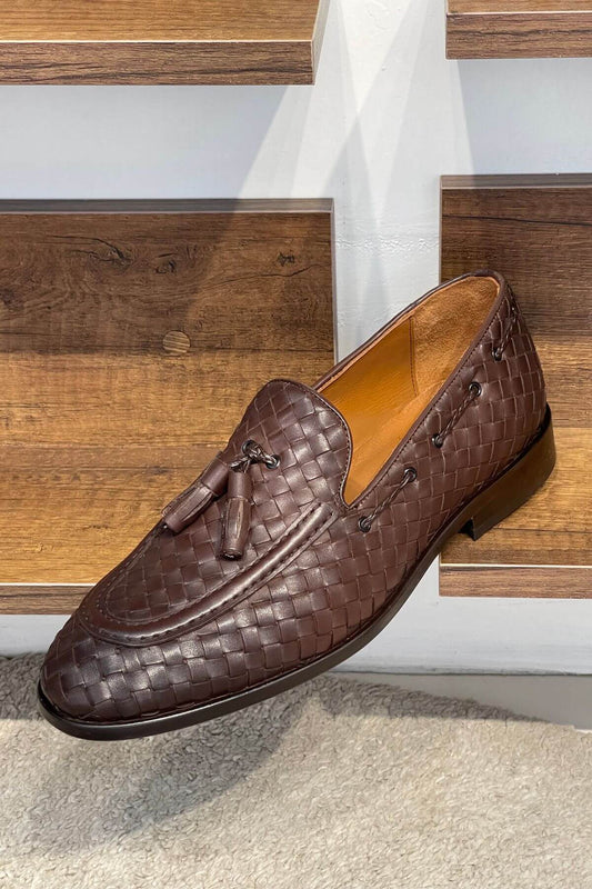 Handcrafted Mahogany Brown Woven Calfskin Tassel Loafers