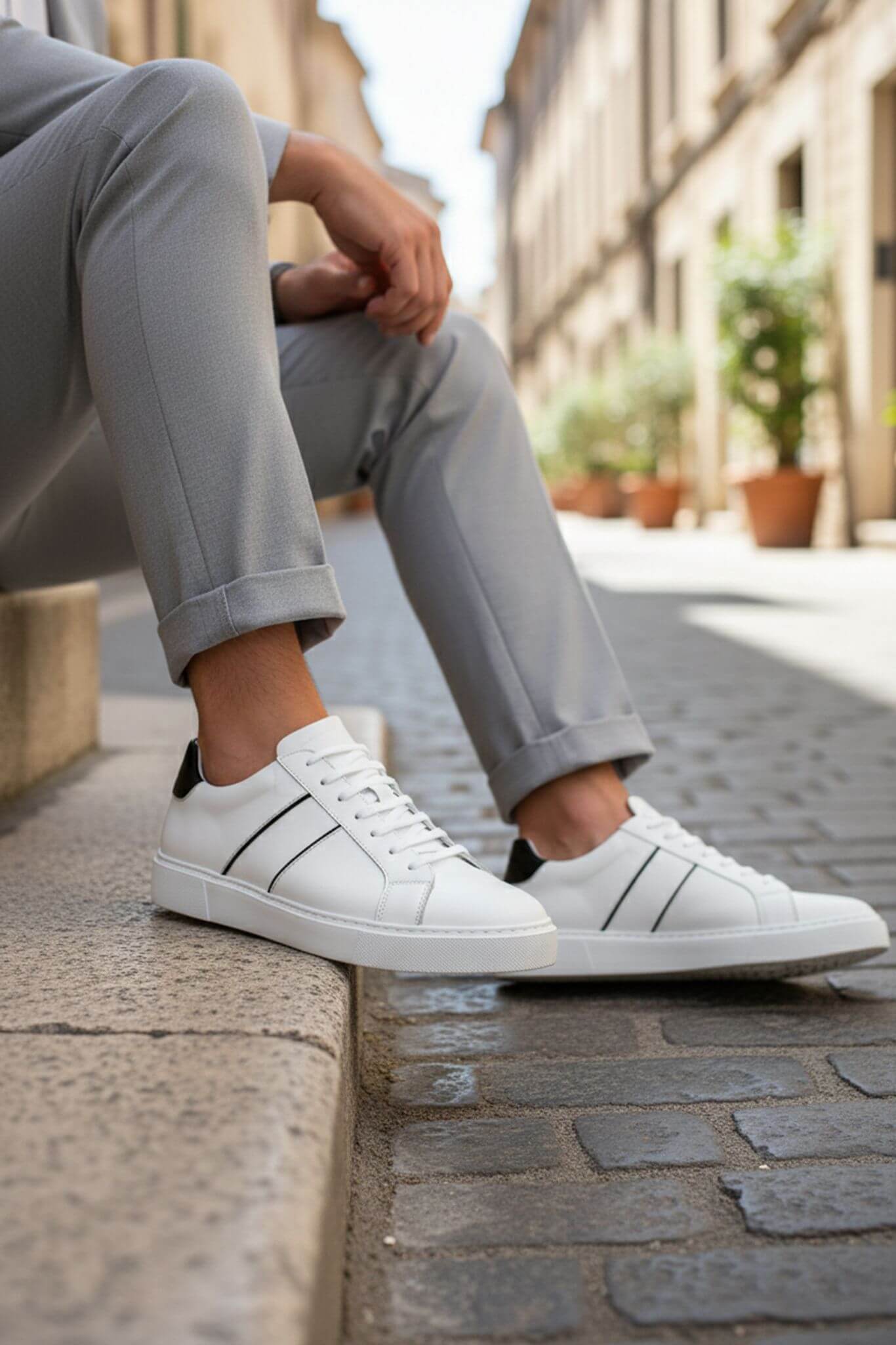 Person wearing white sneakers and gray pants sitting on a stone bench in an urban setting.
