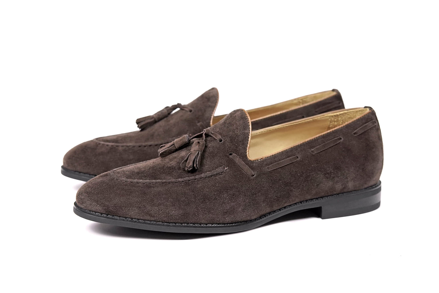 Handcrafted Umber Dark Brown Tassel Suede Loafers – pair on white background, showcasing rich dark brown suede and classic tassel design.