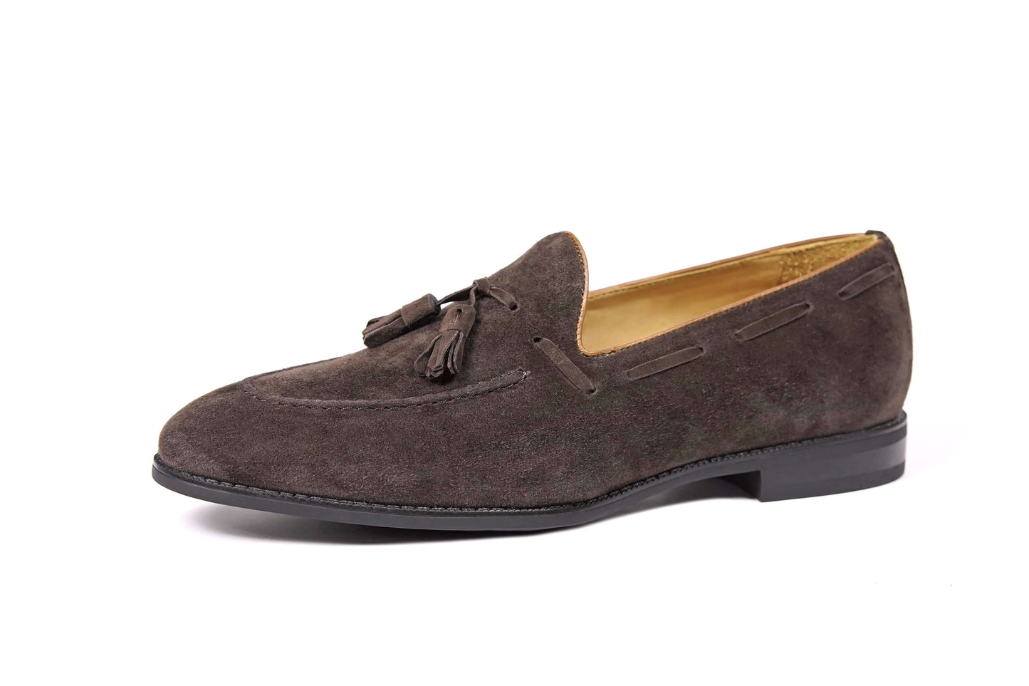 Handcrafted Umber Dark Brown Tassel Suede Loafer – side view on white background, highlighting rich dark brown suede and elegant tassel detail.