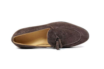 Handcrafted Umber Dark Brown Tassel Suede Loafer – top-down view, highlighting soft dark brown suede upper and classic tassel detailing.