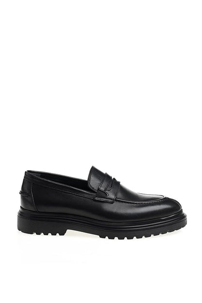 Handmade Black Chunky Leather Penny Loafer – side view, highlighting classic design, sleek black upper with subtle stitching, and a modern chunky sole.
