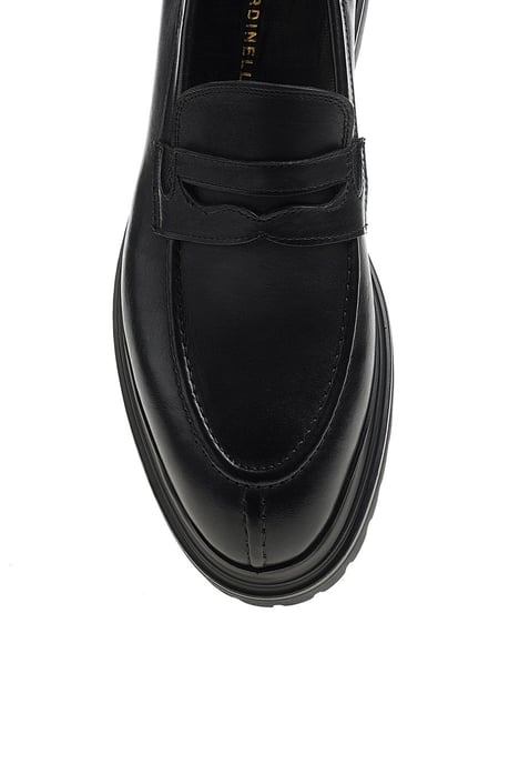 Handmade Black Chunky Leather Penny Loafer – close-up top-down view, emphasizing supple full-grain leather and classic penny strap detail.