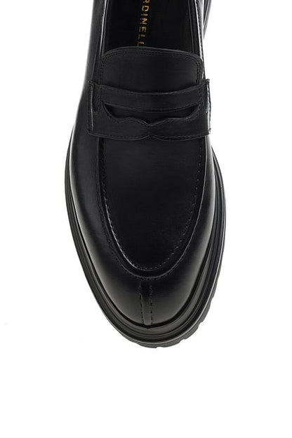 Handmade Black Chunky Leather Penny Loafer – close-up top-down view, emphasizing supple full-grain leather and classic penny strap detail.