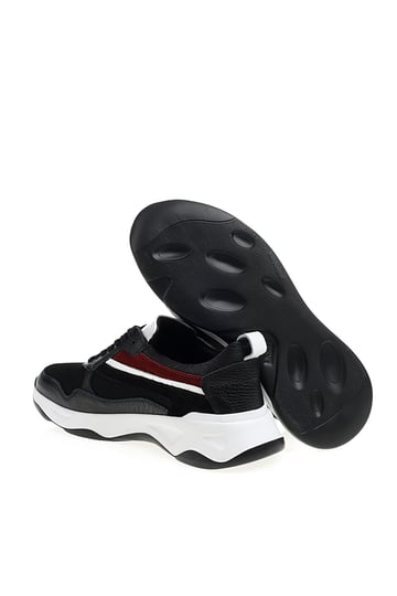 Handmade Black Leather Casual Sports Sneakers – pair, with one shoe showing the sole, emphasizing a sleek design with blue and grey accents.