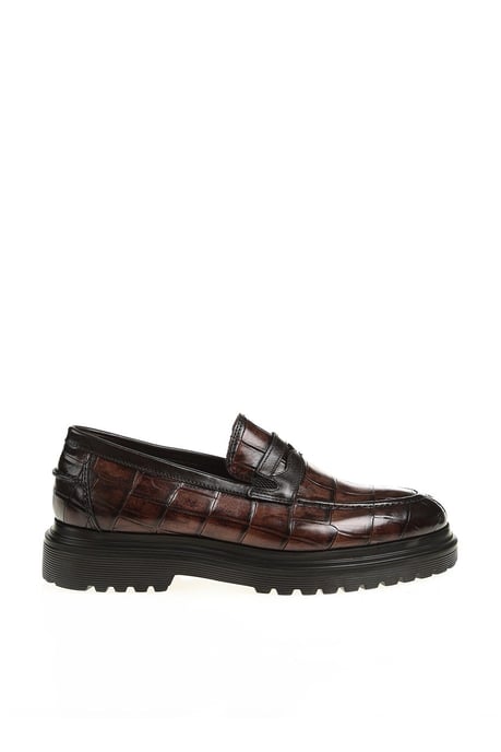 Handmade Brown Crocodile-Embossed Chunky Leather Penny Loafers – side view, showcasing luxurious hand-finished leather and modern chunky sole for a bold look.