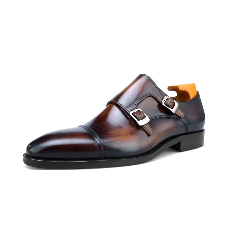 Handmade Brown Double Monk Strap Dress Shoe – side view on white background, highlighting rich patina finish and polished dual buckle closures.