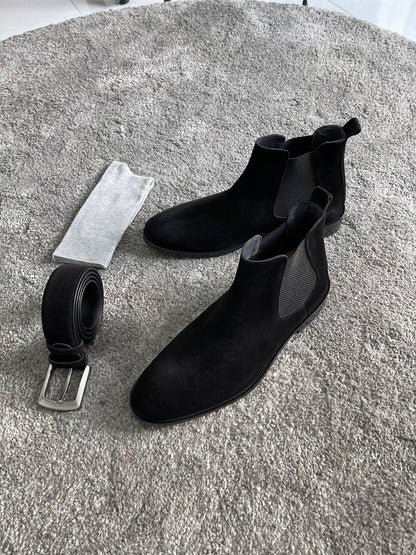 Handmade Classic Black Suede Chelsea Boots – a pair of black suede Chelsea boots from a top-down angle, showing the elastic side panels.