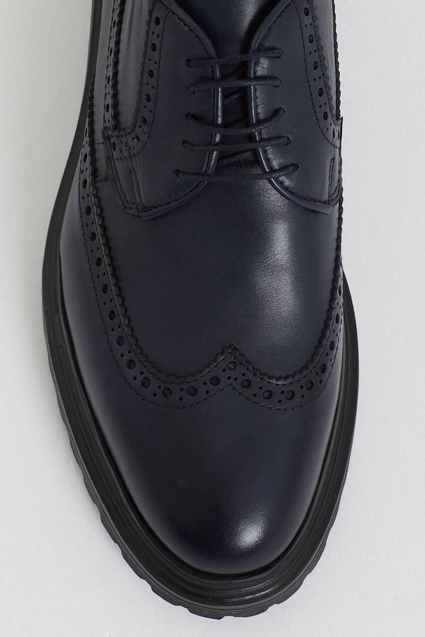 Navy Blue Brogue Derby Shoes – close-up top-down view, showcasing classic brogue detailing and premium calf leather for versatile style