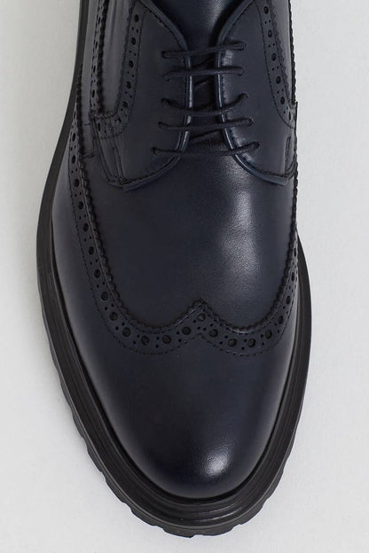 Navy Blue Brogue Derby Shoes – close-up top-down view, showcasing classic brogue detailing and premium calf leather for versatile style