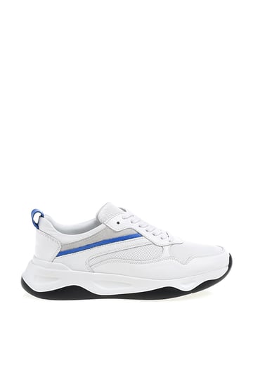 Handmade White Leather Casual Sports Sneaker – side profile, showcasing 100% genuine leather and a sleek design with blue stripe accents.