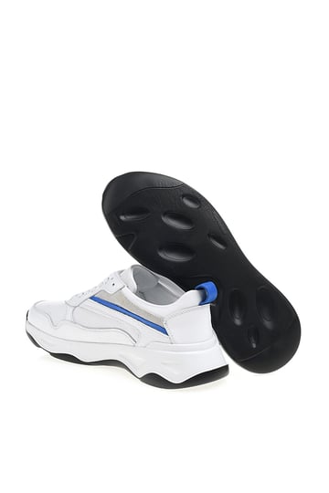 Handmade White Leather Casual Sports Sneakers – pair, with one shoe showing the sole, emphasizing a sleek design with blue and grey accents.