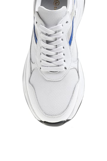 Handmade White Leather Casual Sports Sneaker – close-up top-down view, highlighting white laces and perforated leather upper.