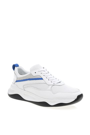 Handmade White Leather Casual Sports Sneakers – pair with one shoe showing the textured black sole for grip, the other upright.