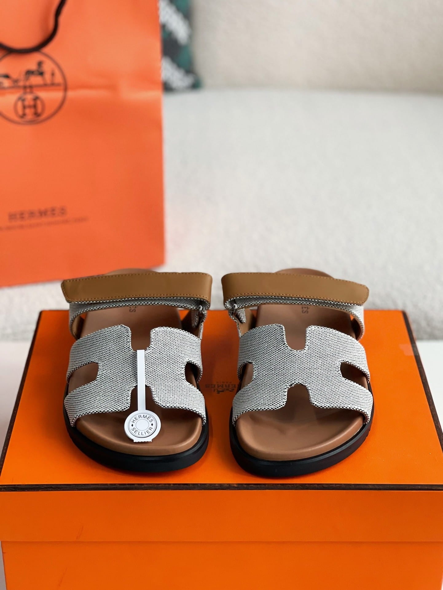 Hermes Beige/Brown Canvas and Leather Chypre Sandals