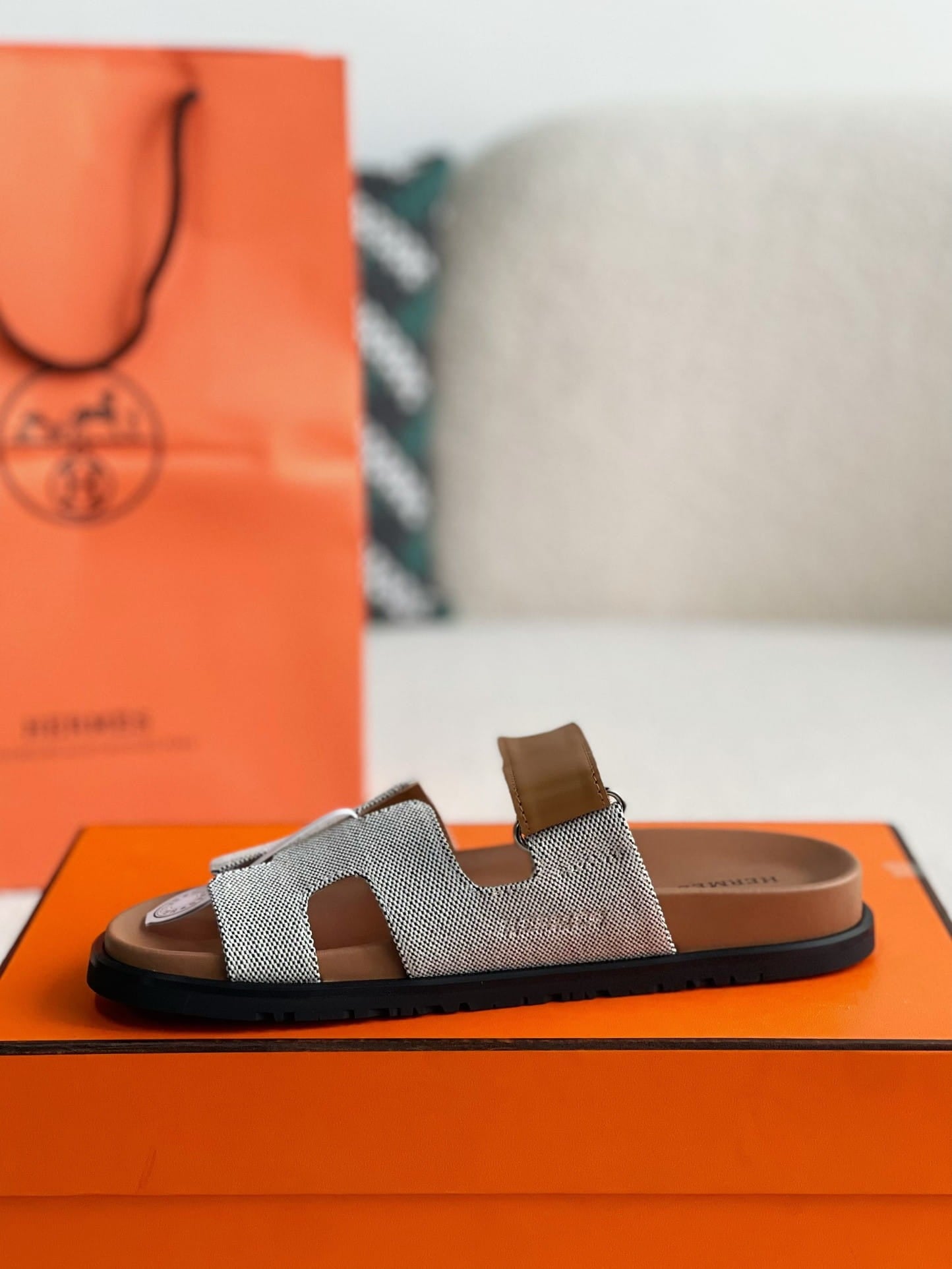 Hermes Beige/Brown Canvas and Leather Chypre Sandals