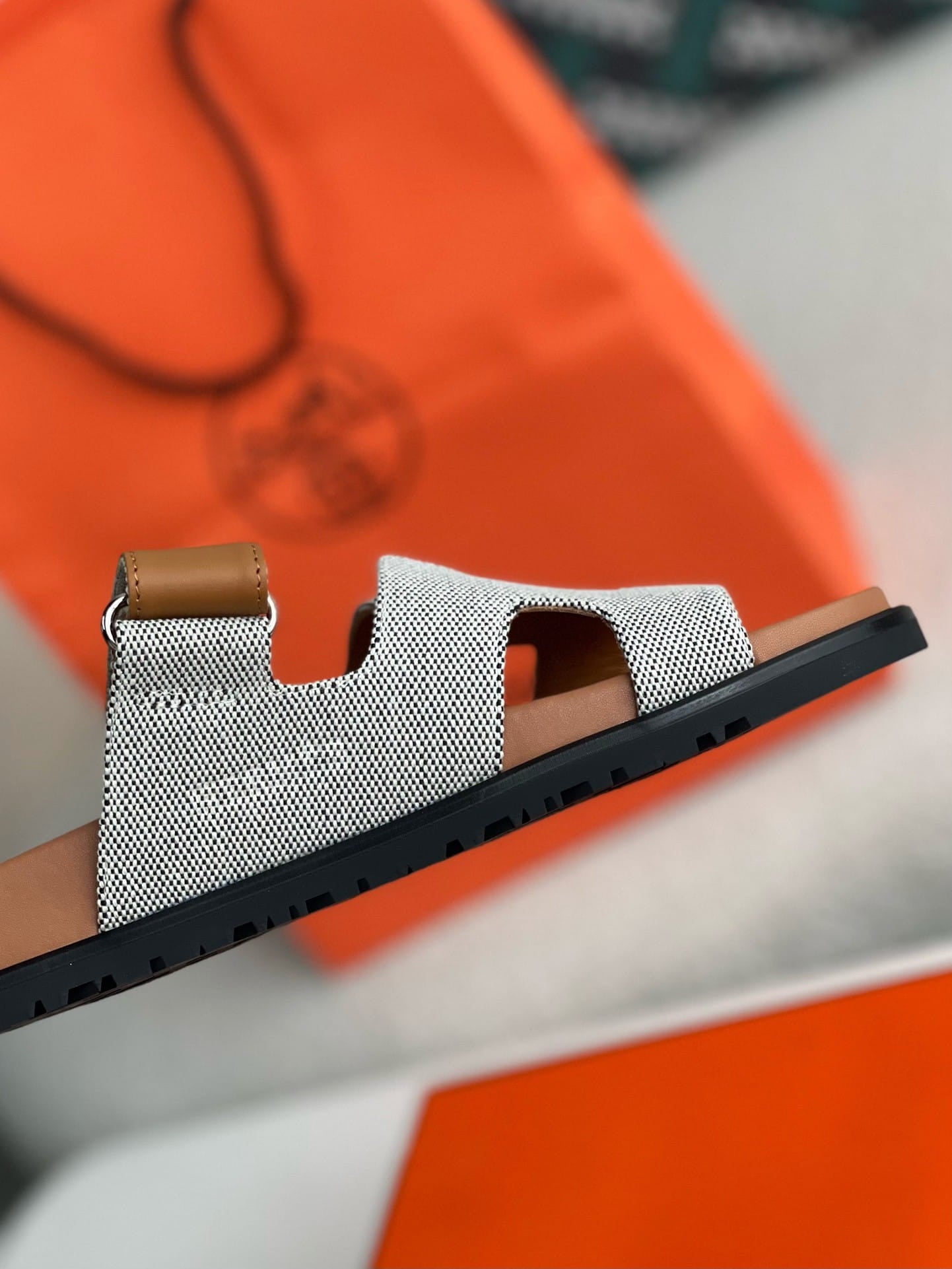 Hermes Beige/Brown Canvas and Leather Chypre Sandals