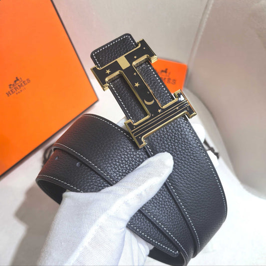 Hermès Black Reversible Leather Strap 32 mm Belt - Gold & Black Celestial H Buckle