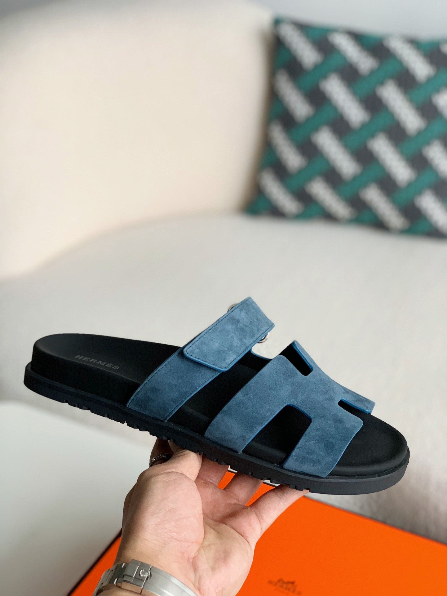 Hermès Bleu Jean Suede Goatskin Chypre Sandals