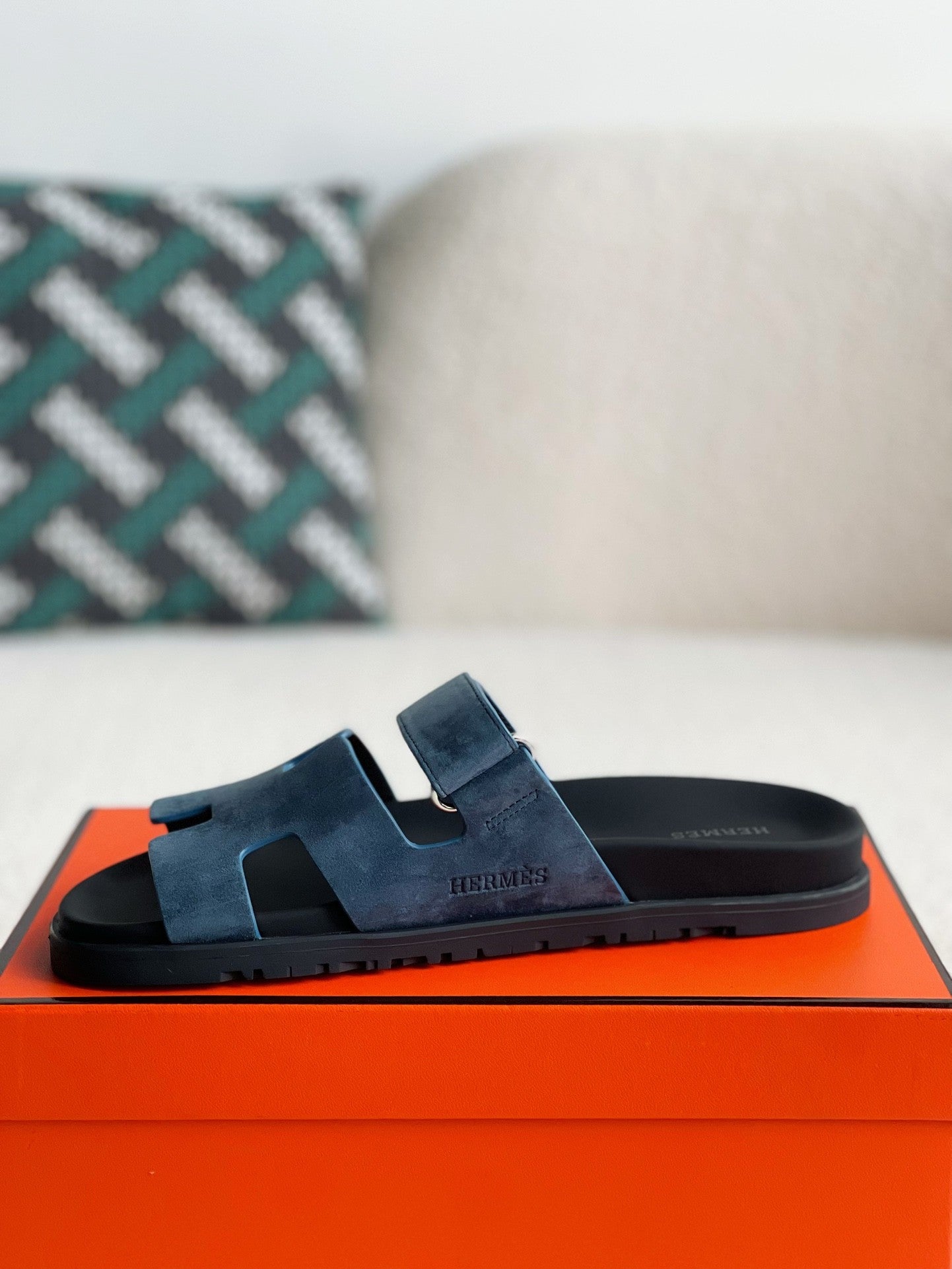 Hermès Bleu Jean Suede Goatskin Chypre Sandals