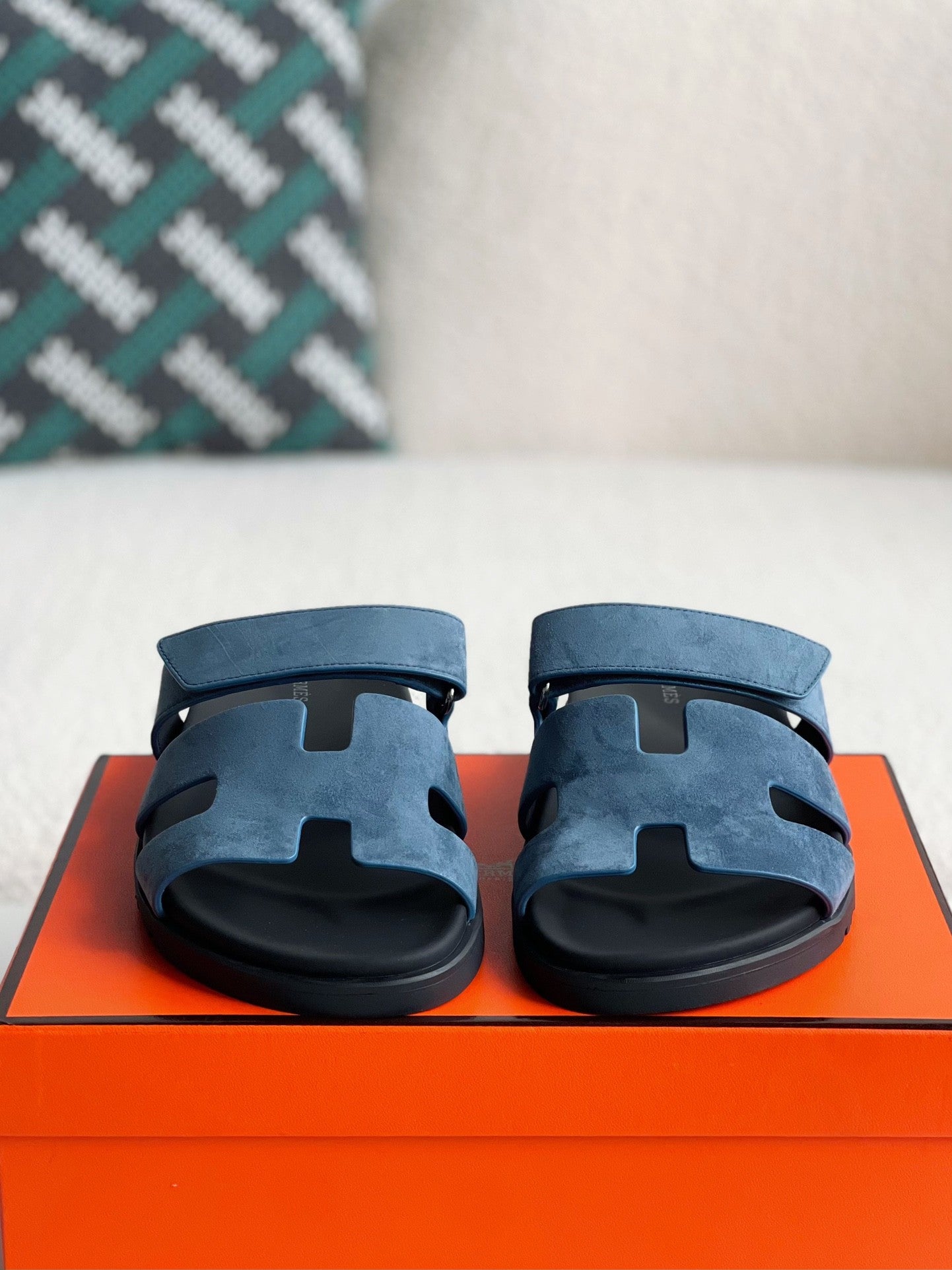 Hermès Bleu Jean Suede Goatskin Chypre Sandals