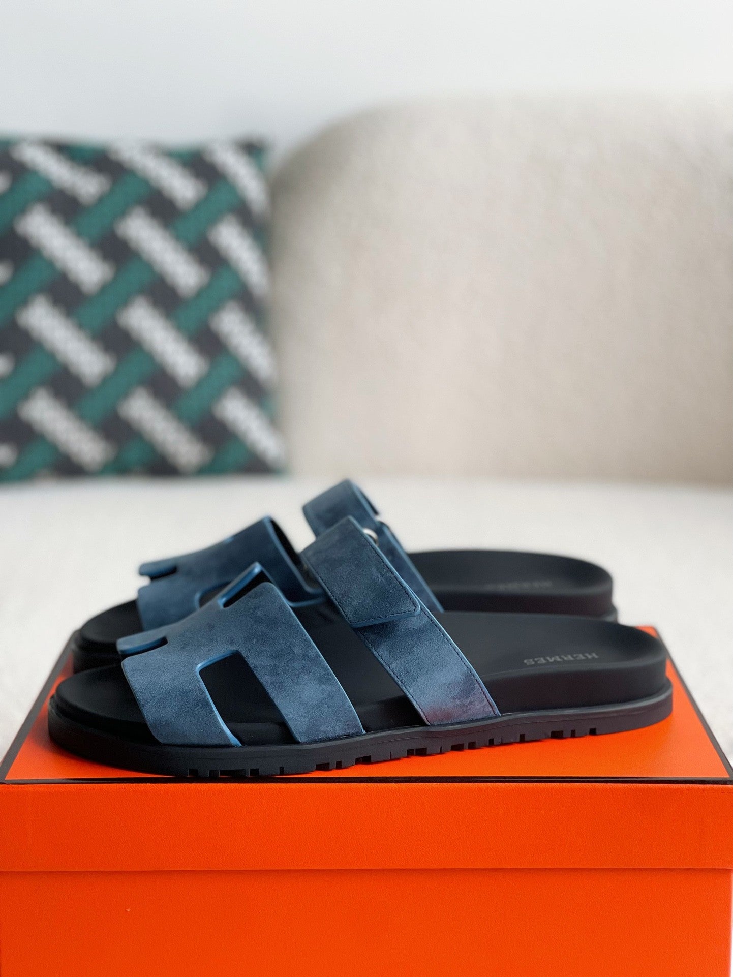 Hermès Bleu Jean Suede Goatskin Chypre Sandals