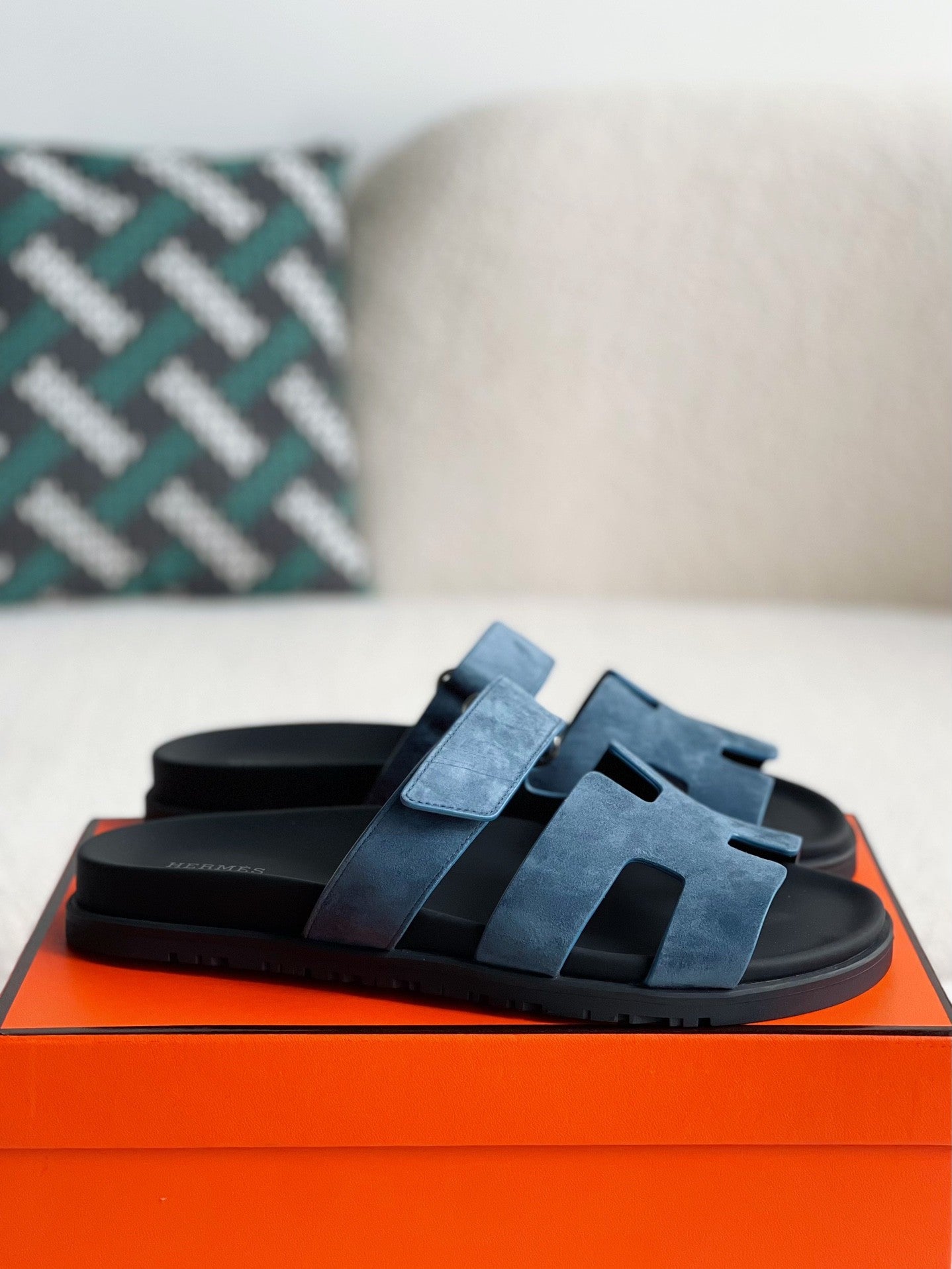 Hermès Bleu Jean Suede Goatskin Chypre Sandals