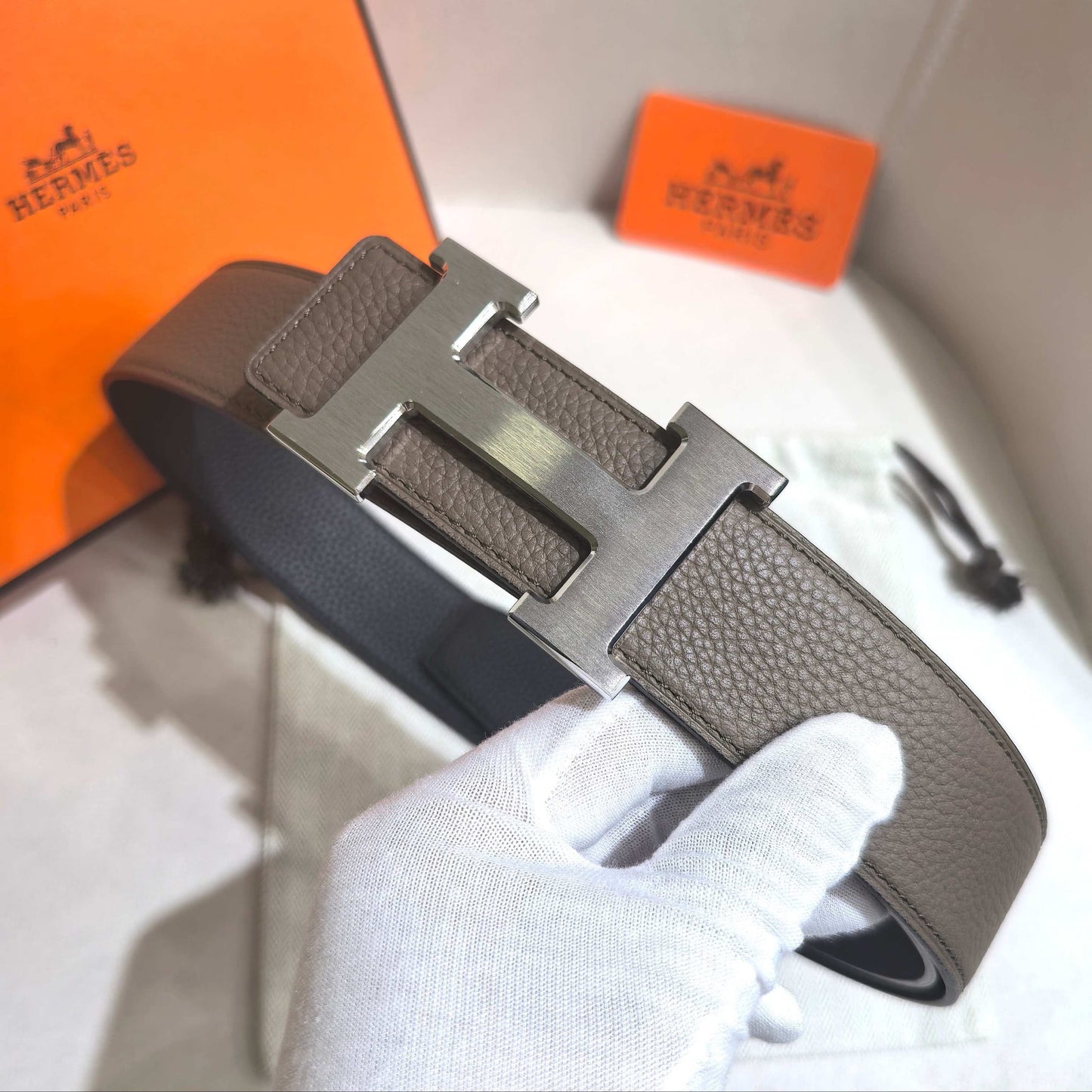 Hermès Etoupe Reversible Leather Strap 32 mm Belt - Brushed Silver H Buckle