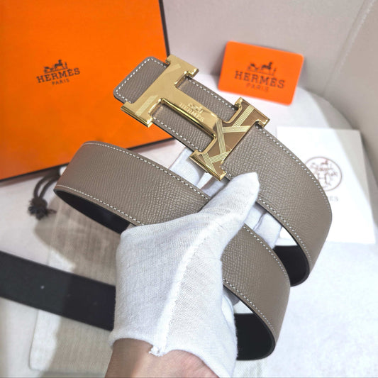 Hermès Étoupe Reversible Leather Strap 32 mm Belt - Gold Guilloché H Buckle