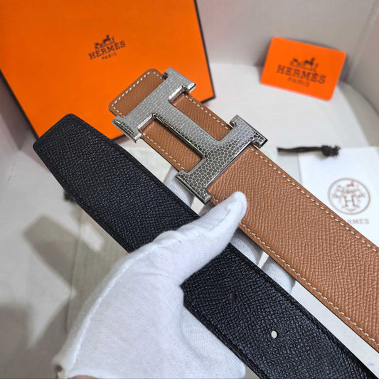 Hermès Gold Reversible Leather Strap 32 mm Belt - Silver Martelé H Buckle