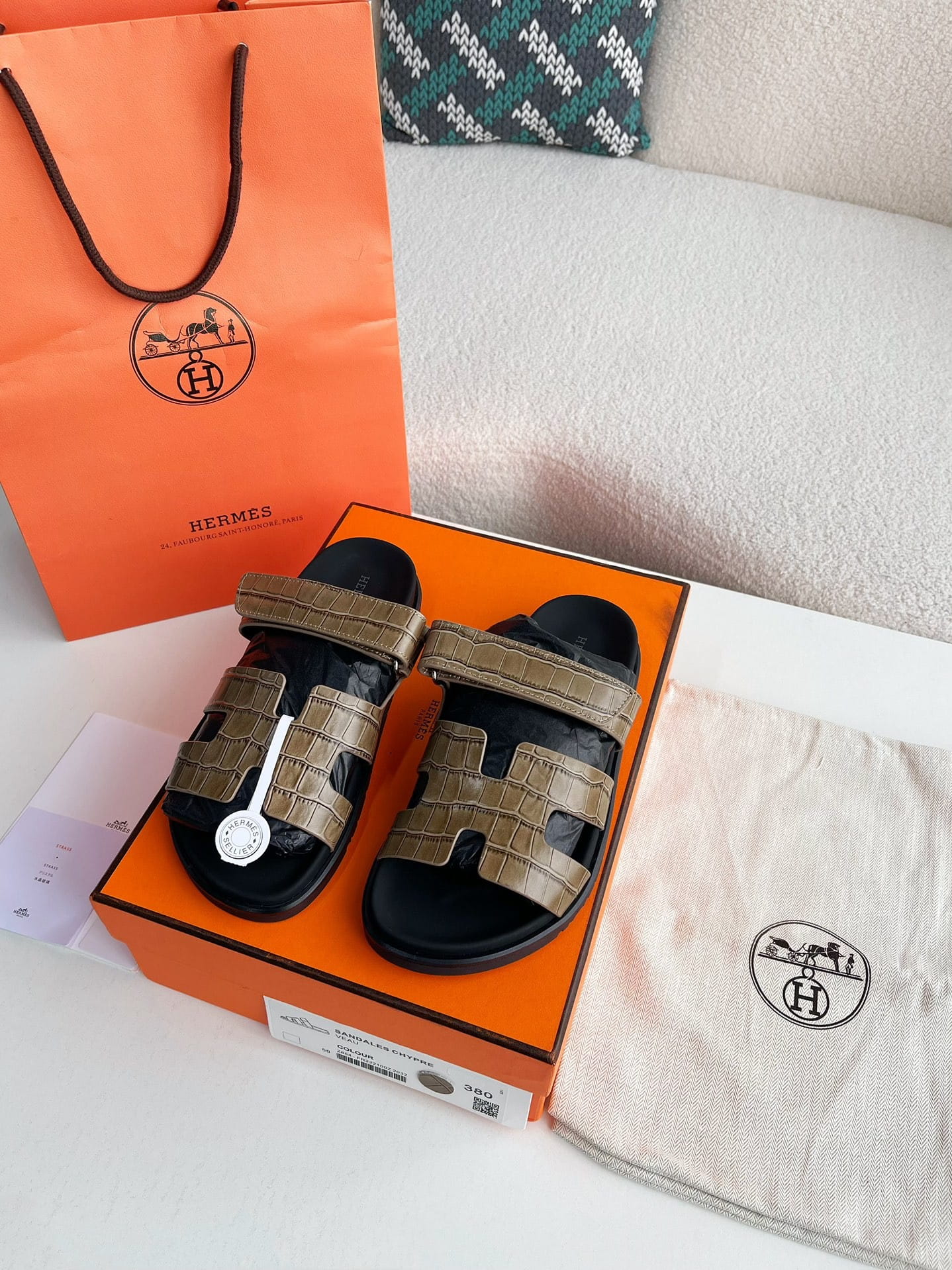 Hermès Khaki Green Alligator-Embossed Women's Chypre Sandals