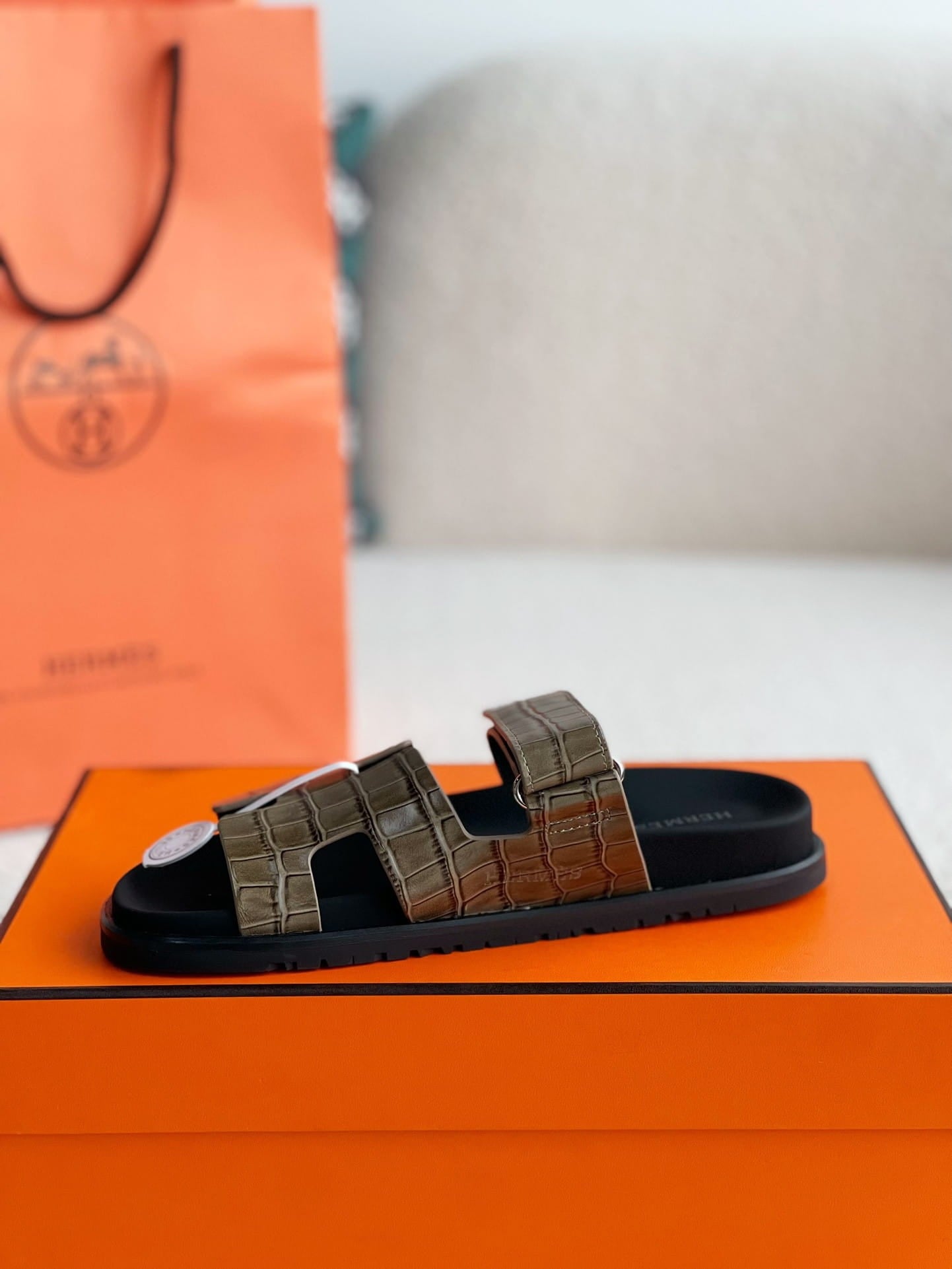 Hermès Khaki Green Alligator-Embossed Women's Chypre Sandals