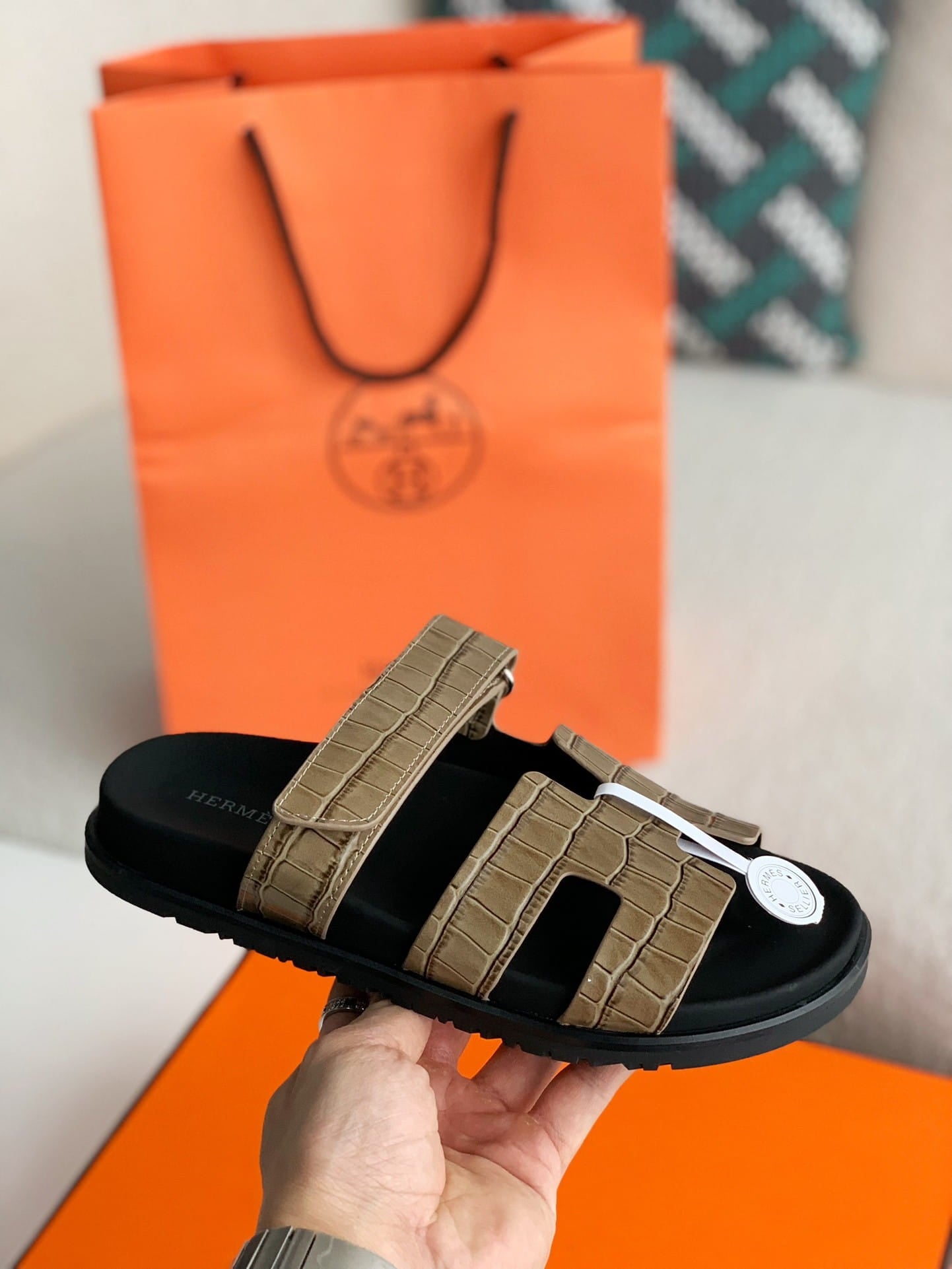Hermès Khaki Green Alligator-Embossed Women's Chypre Sandals