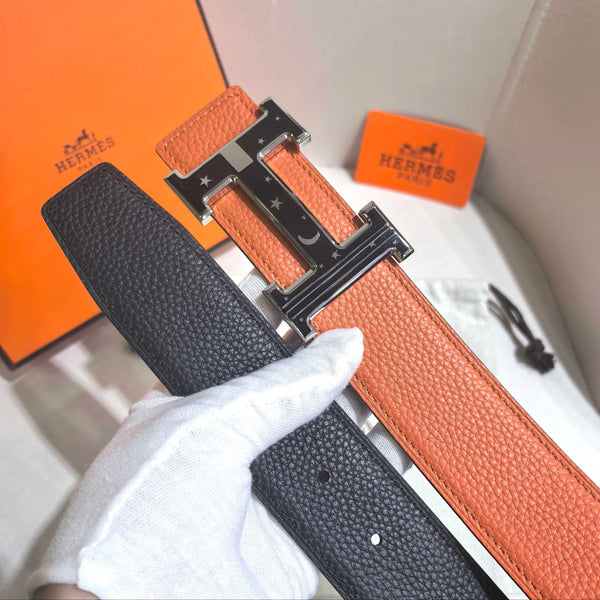 HERMES オレンジ ブラック レザー ベルト Hermès Orange Reversible Leather Strap 32 mm Belt - Silver & Black