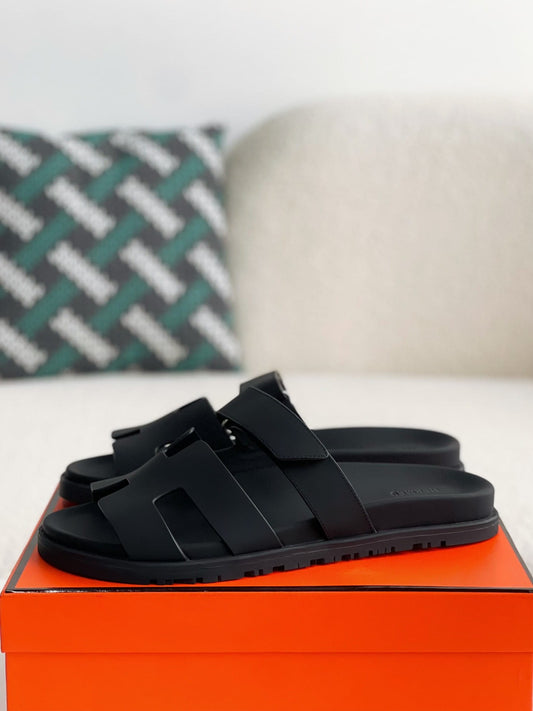 Hermès Techno Black Calfskin Chypre Sandals