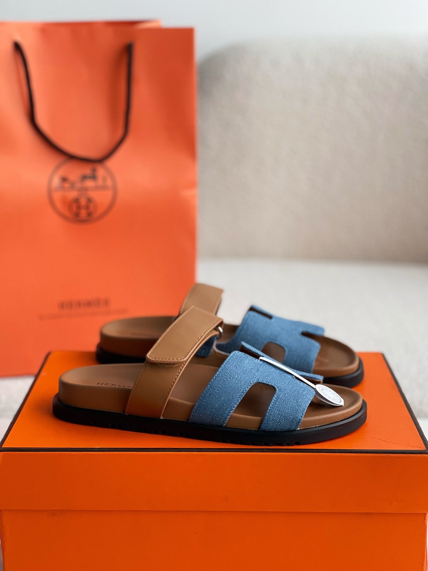 Hermès Women's Denim and Tan Leather Chypre Sandals – HolloShoe