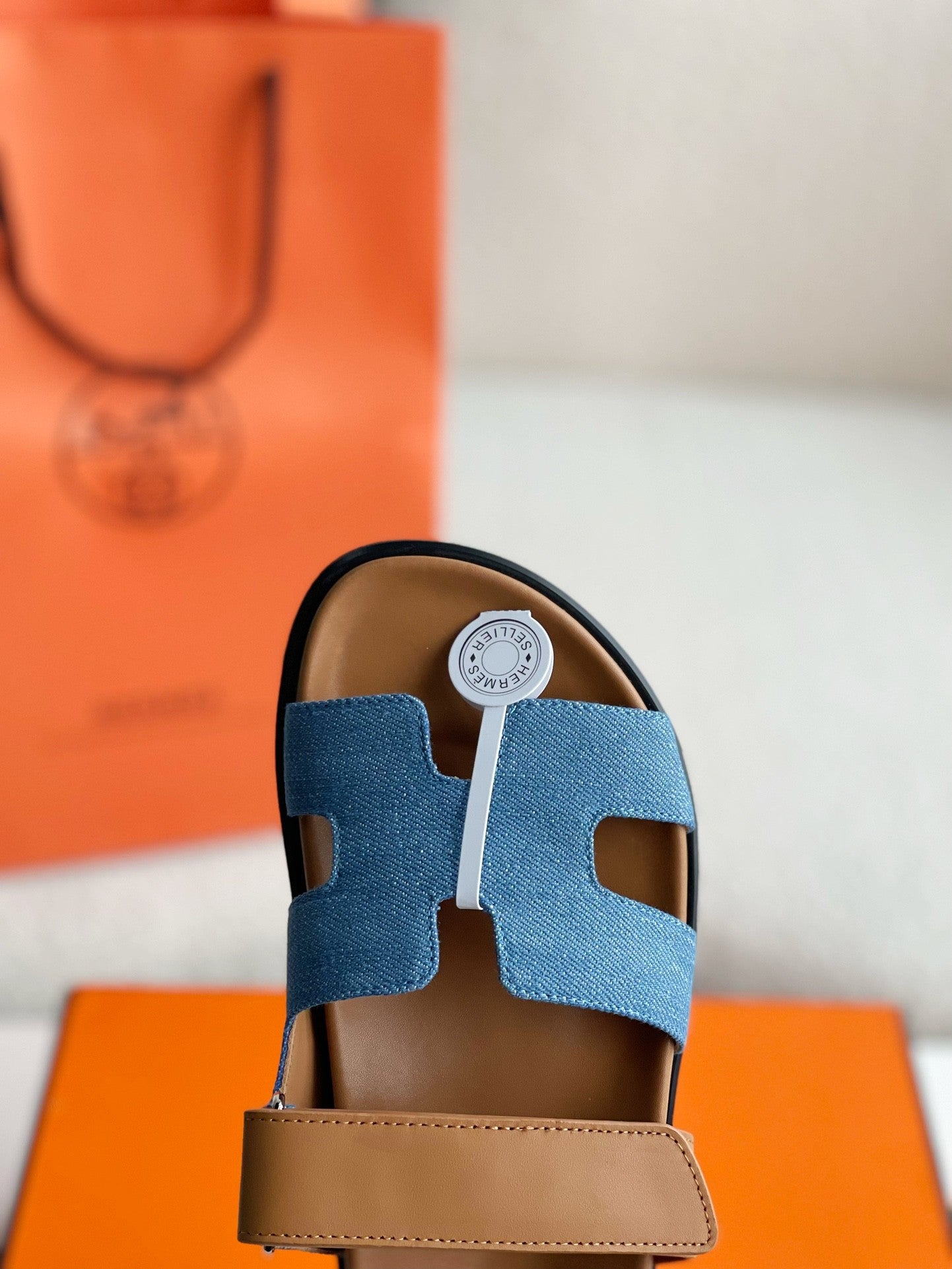 Hermès Women's Denim and Tan Leather Chypre Sandals – HolloShoe